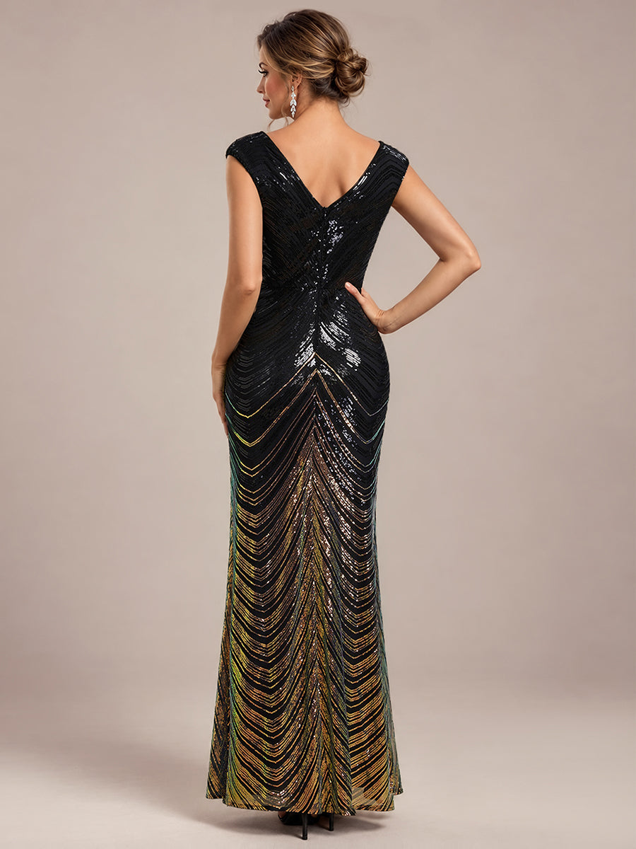 Sequin Mermaid Cap Sleeve Evening Dress #color_Midnight Black&Gold