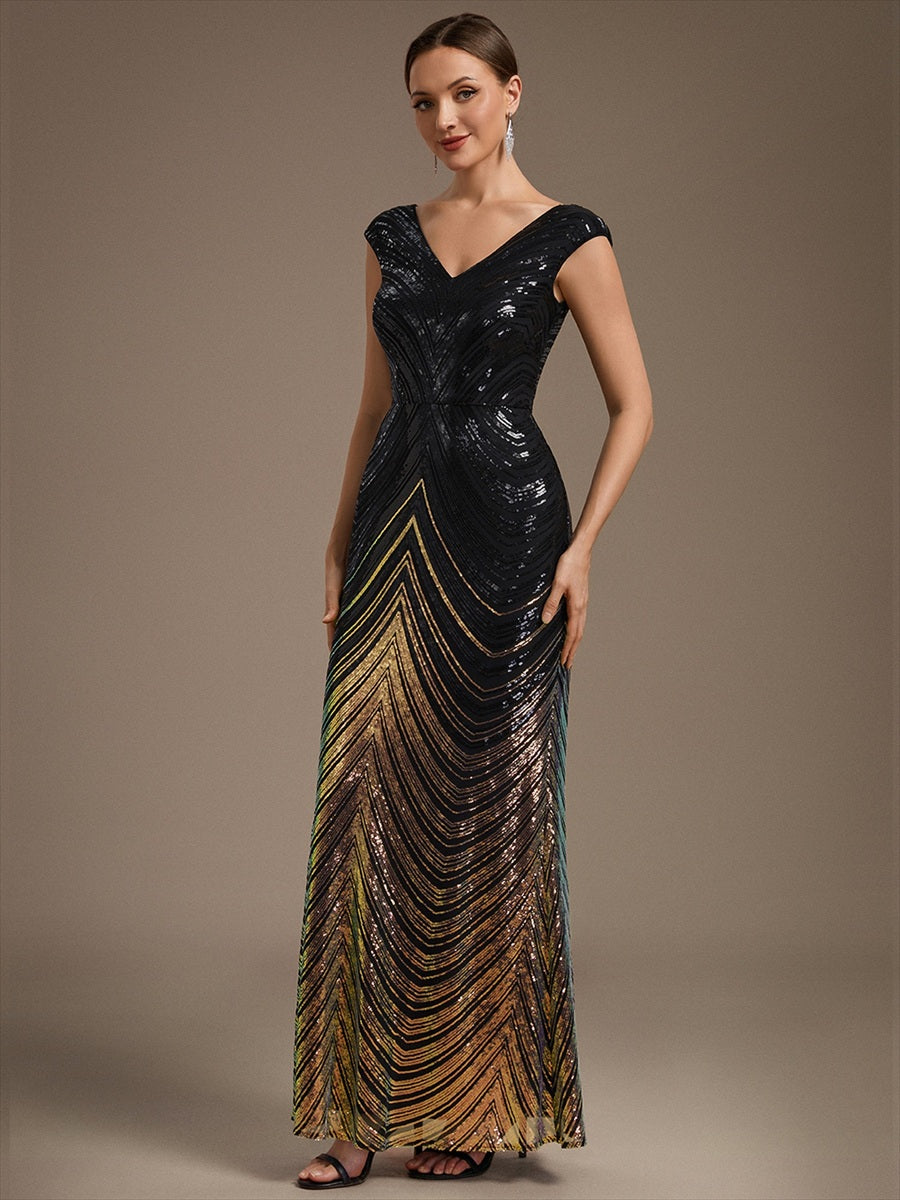 Sequin Mermaid Cap Sleeve Evening Dress #color_Black & Gold