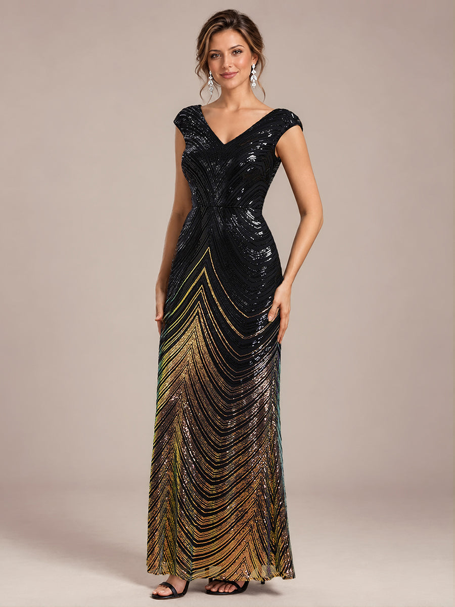 Sequin Mermaid Cap Sleeve Evening Dress #color_Midnight Black&Gold