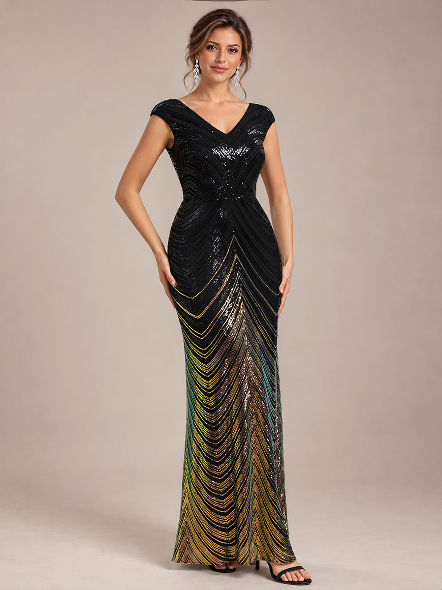 Sequin Mermaid Cap Sleeve Evening Dress #color_Midnight Black&Gold