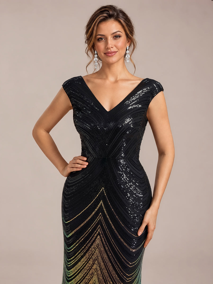 Sequin Mermaid Cap Sleeve Evening Dress #color_Midnight Black&Gold