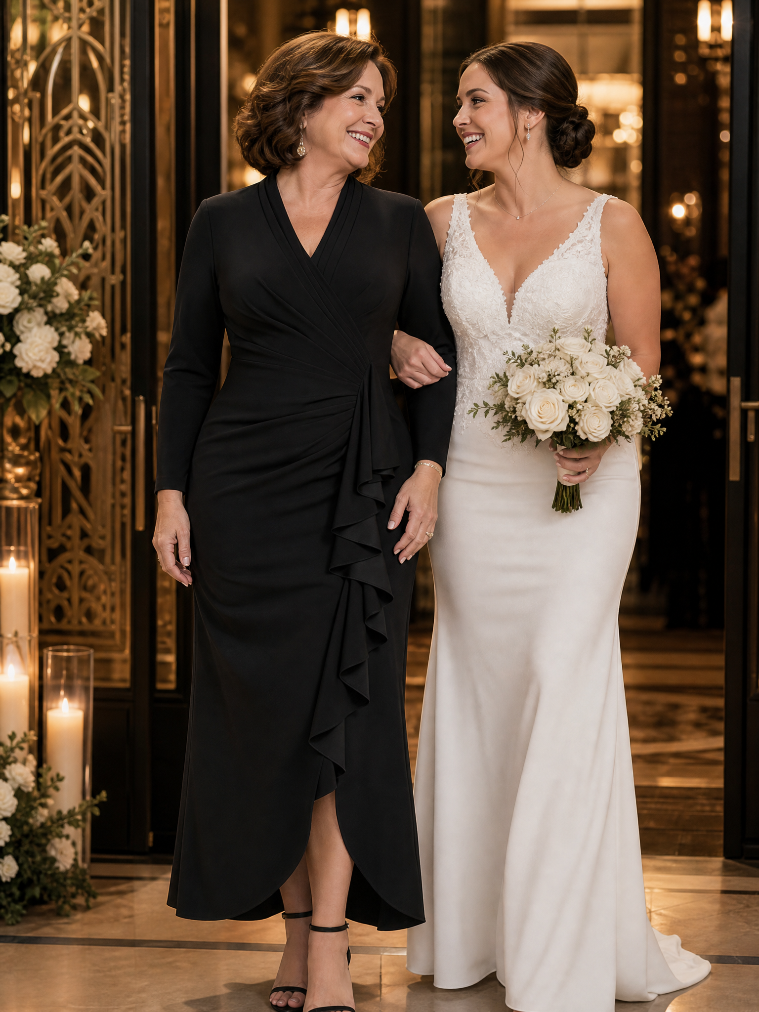 Plus Size Long Sleeve Slit Crepe Evening Dress #color_Black