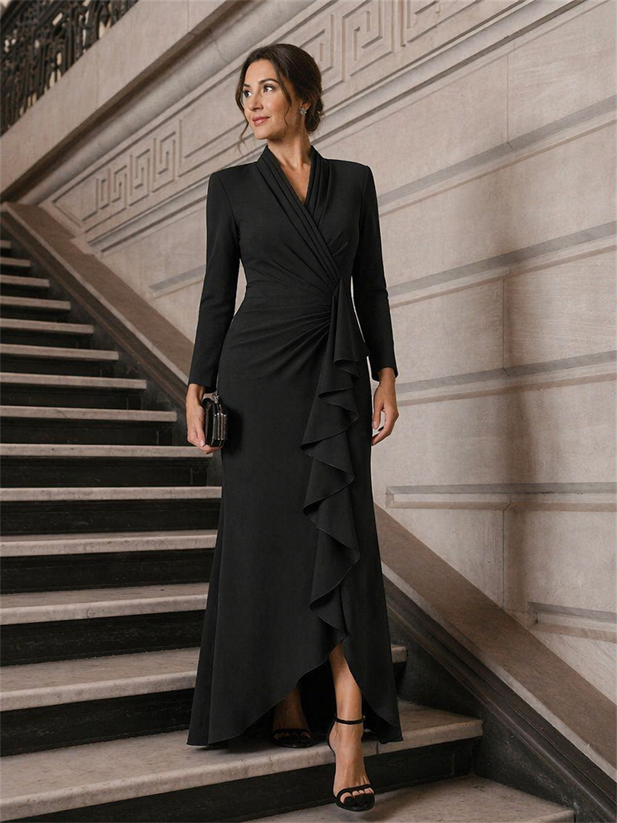 Ruffle Crepe Fitted Sleeve Evening Dress #color_Black