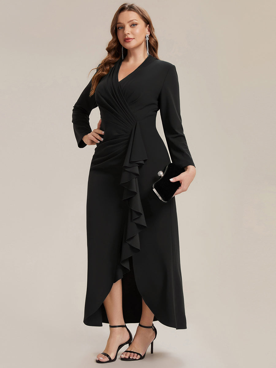 Ruffle Crepe Fitted Sleeve Evening Dress #color_Black
