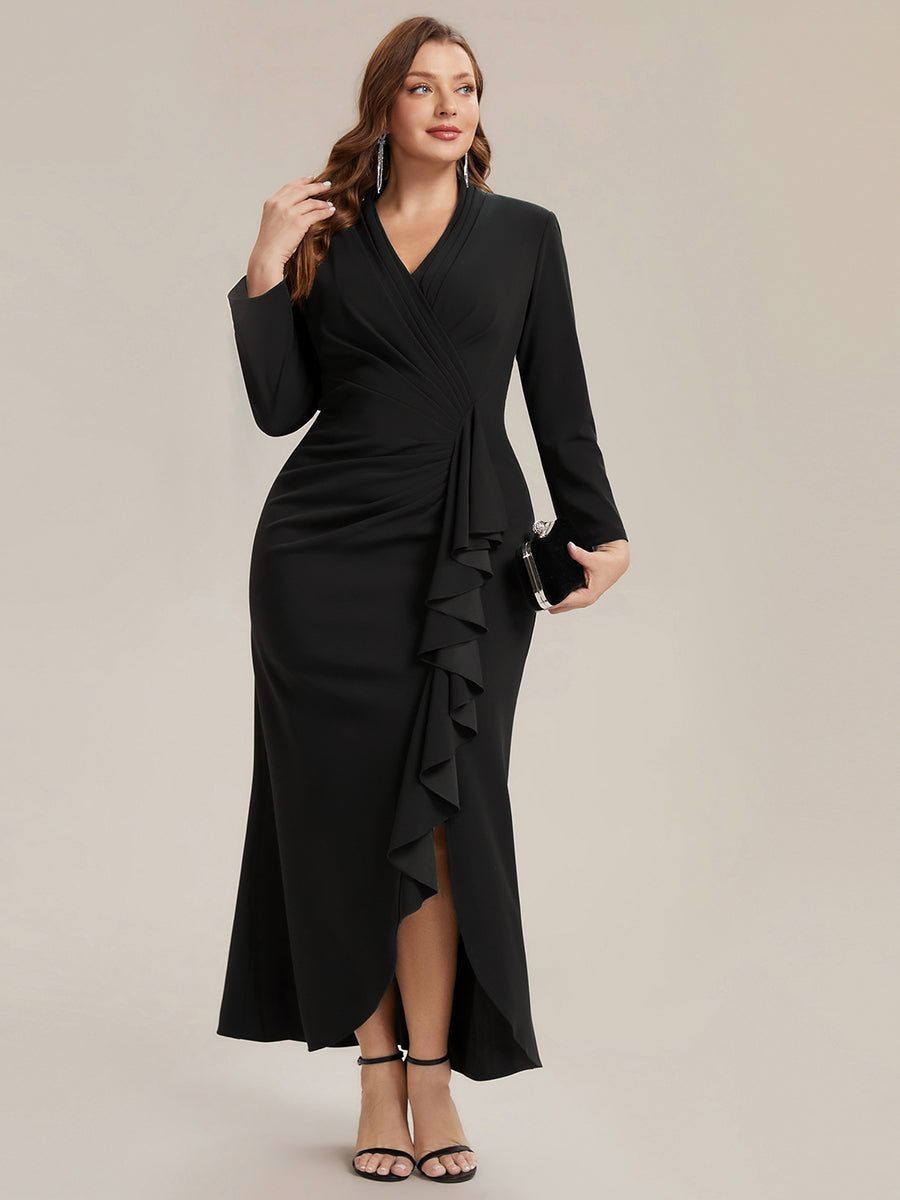 Plus Size Long Sleeve Slit Crepe Evening Dress #color_Black