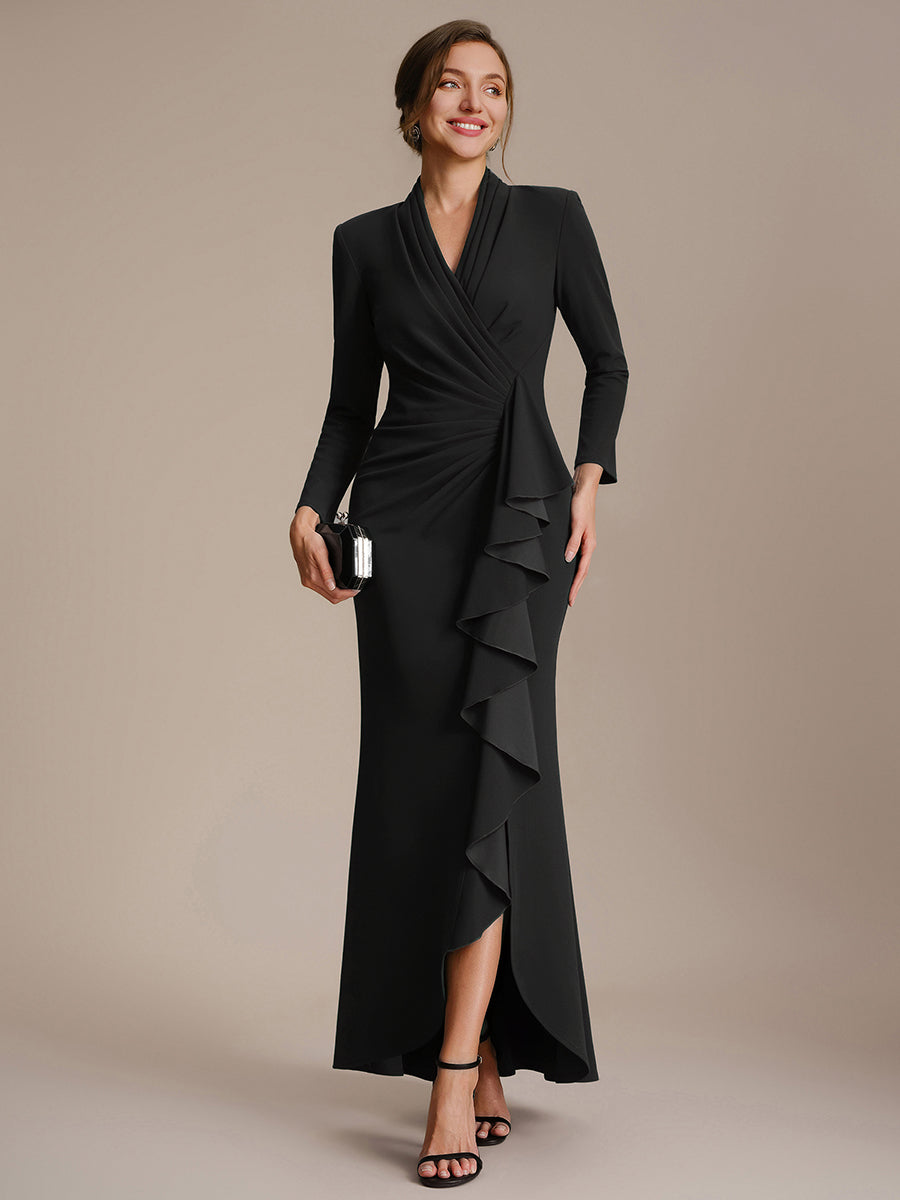 Ruffle Crepe Fitted Sleeve Evening Dress #color_Black