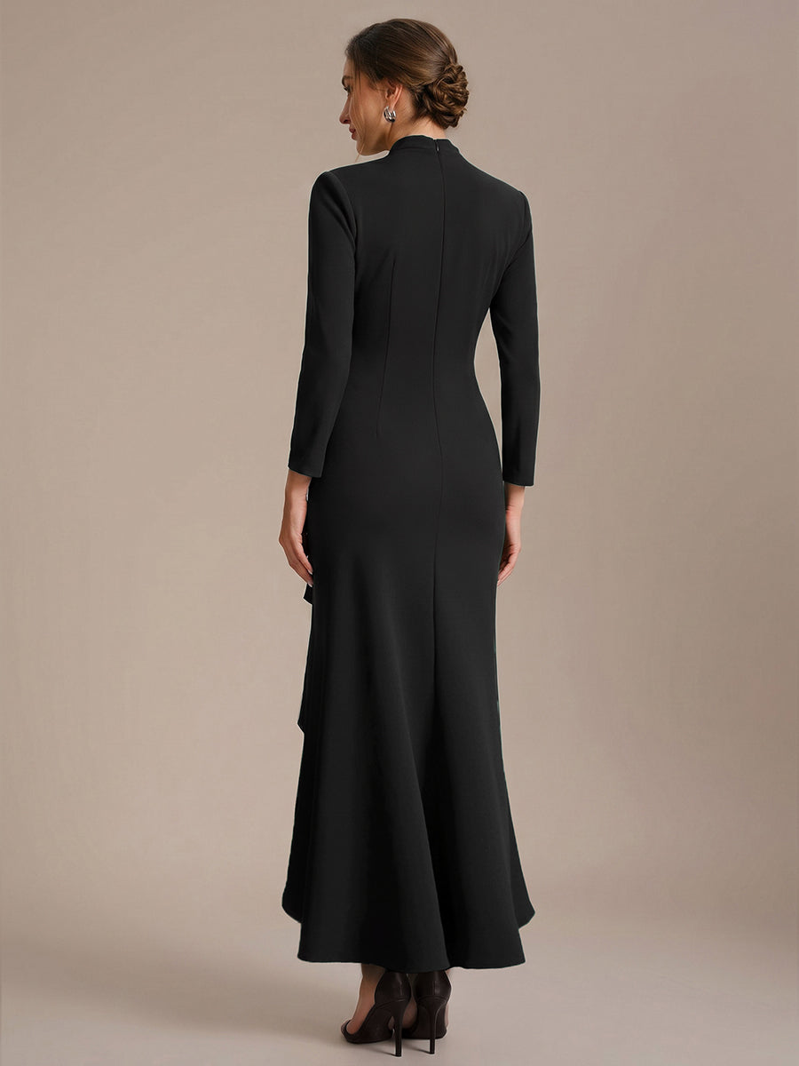 Ruffle Crepe Fitted Sleeve Evening Dress #color_Black