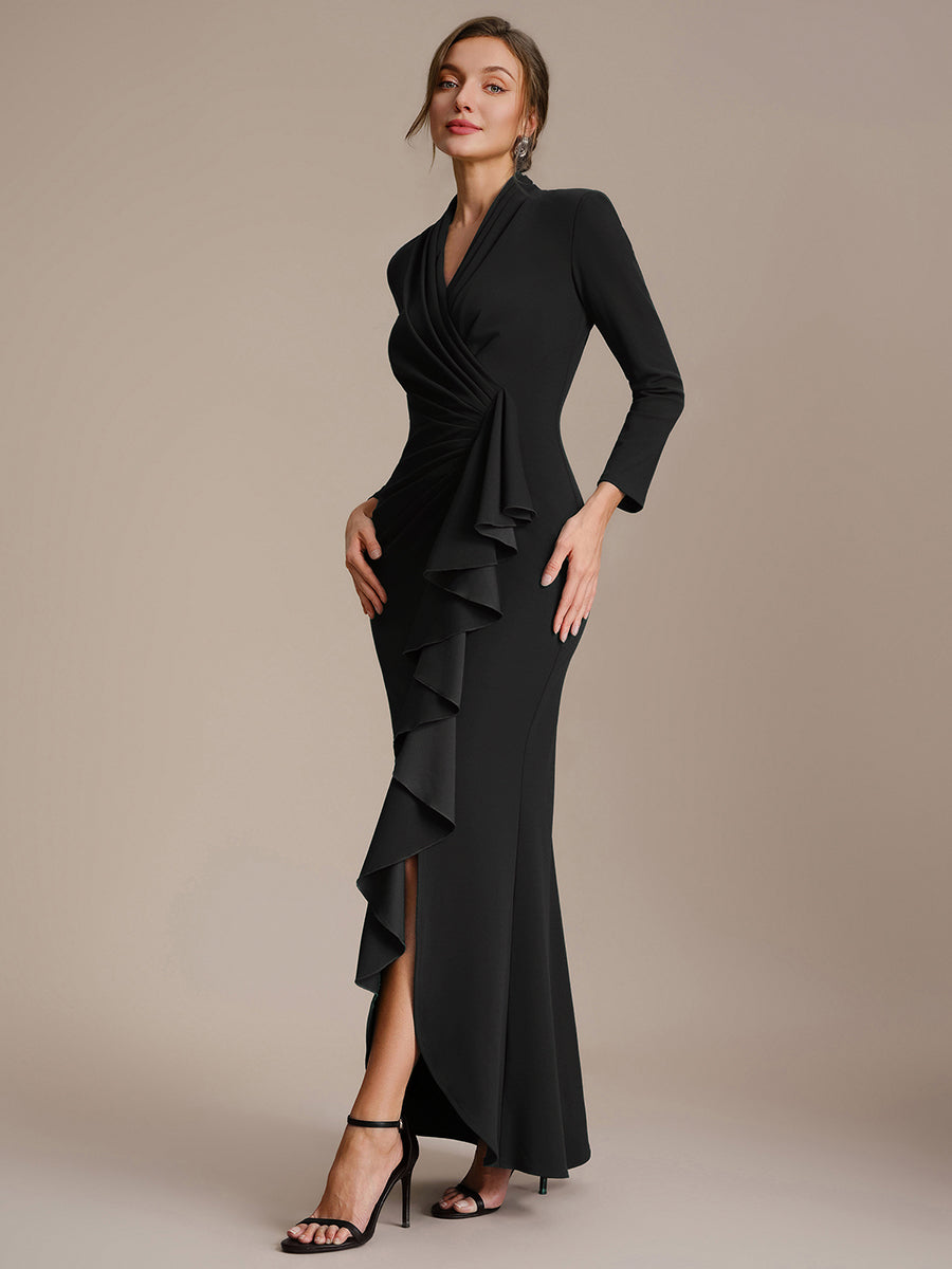 Ruffle Crepe Fitted Sleeve Evening Dress #color_Black