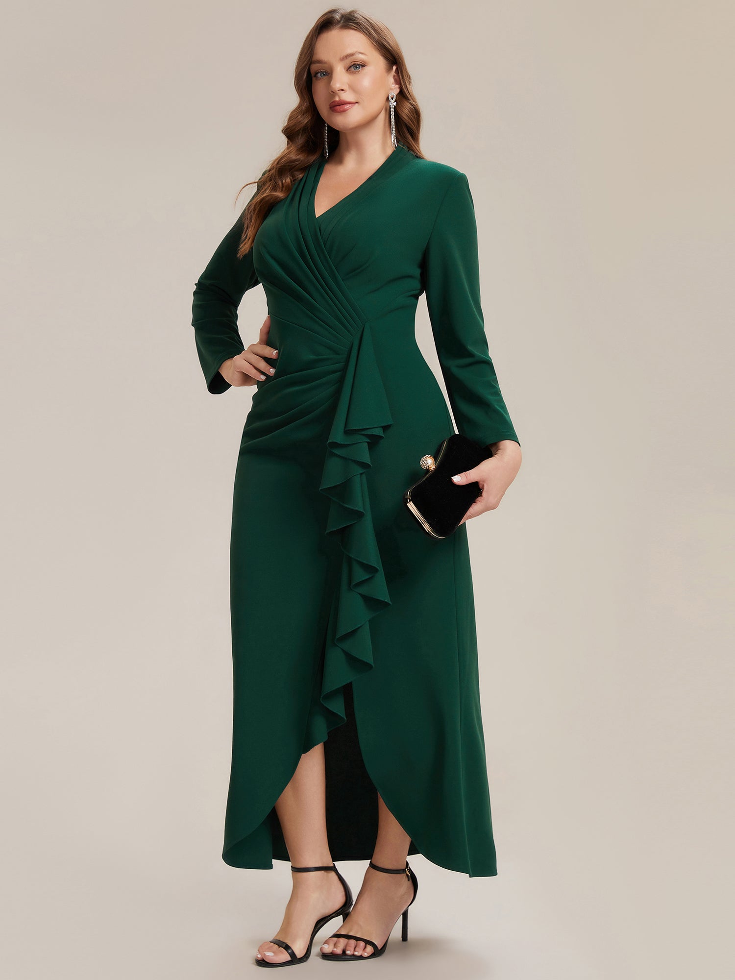 Plus Size Long Sleeve Slit Crepe Evening Dress #color_Dark Green