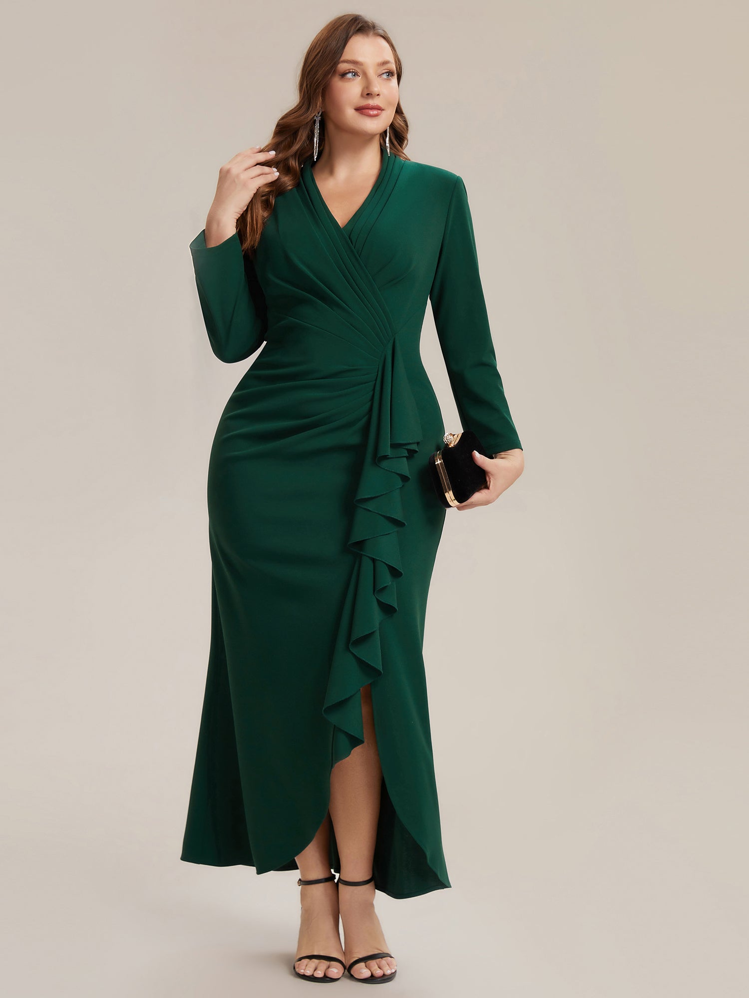 Plus Size Long Sleeve Slit Crepe Evening Dress #color_Dark Green