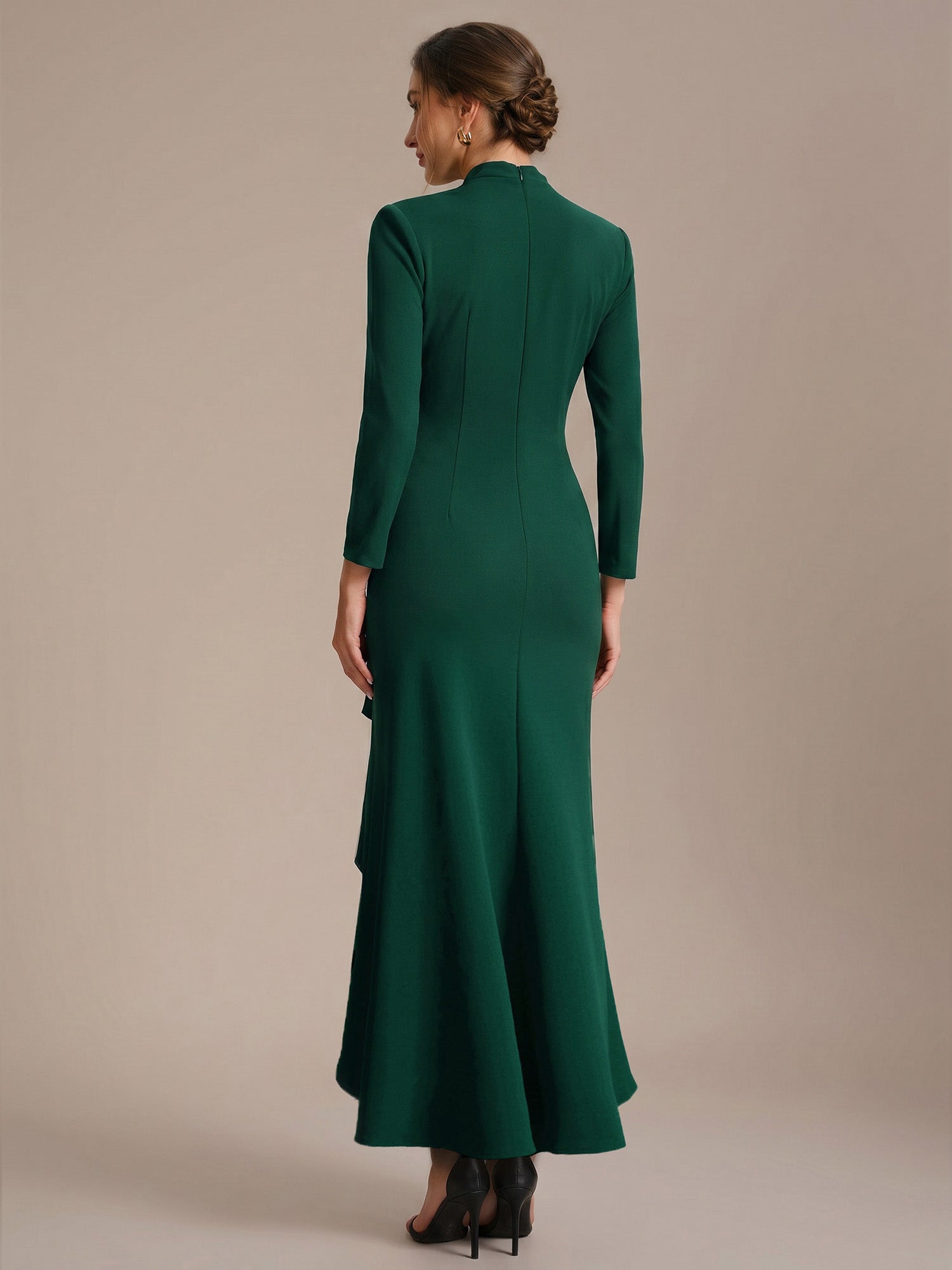 Ruffle Crepe Fitted Sleeve Evening Dress #color_Dark Green