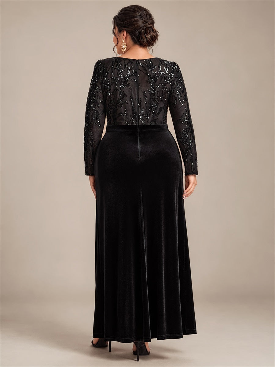 Plus Size Slit Velvet Evening Dress #color_Black