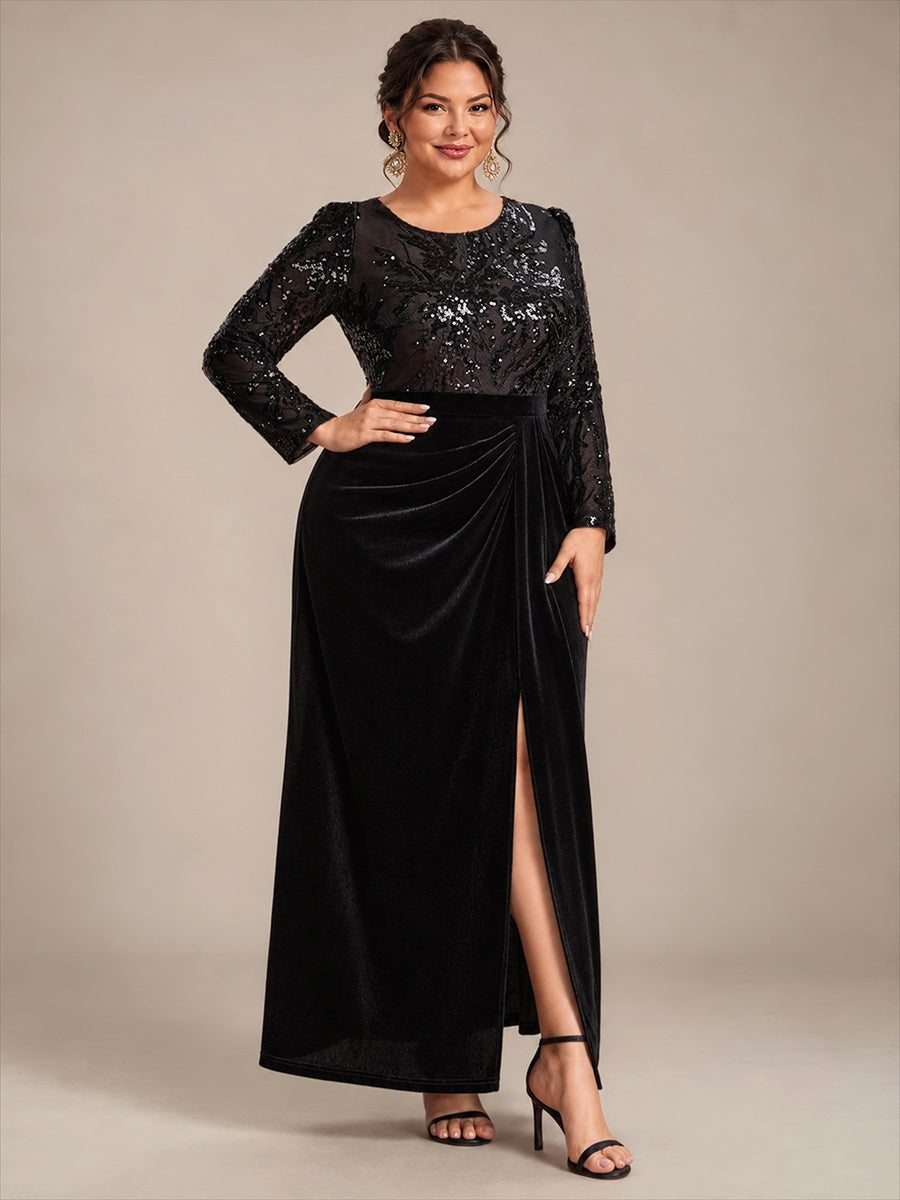 See-through Velvet Fitted Sleeve Evening Dress #color_Black