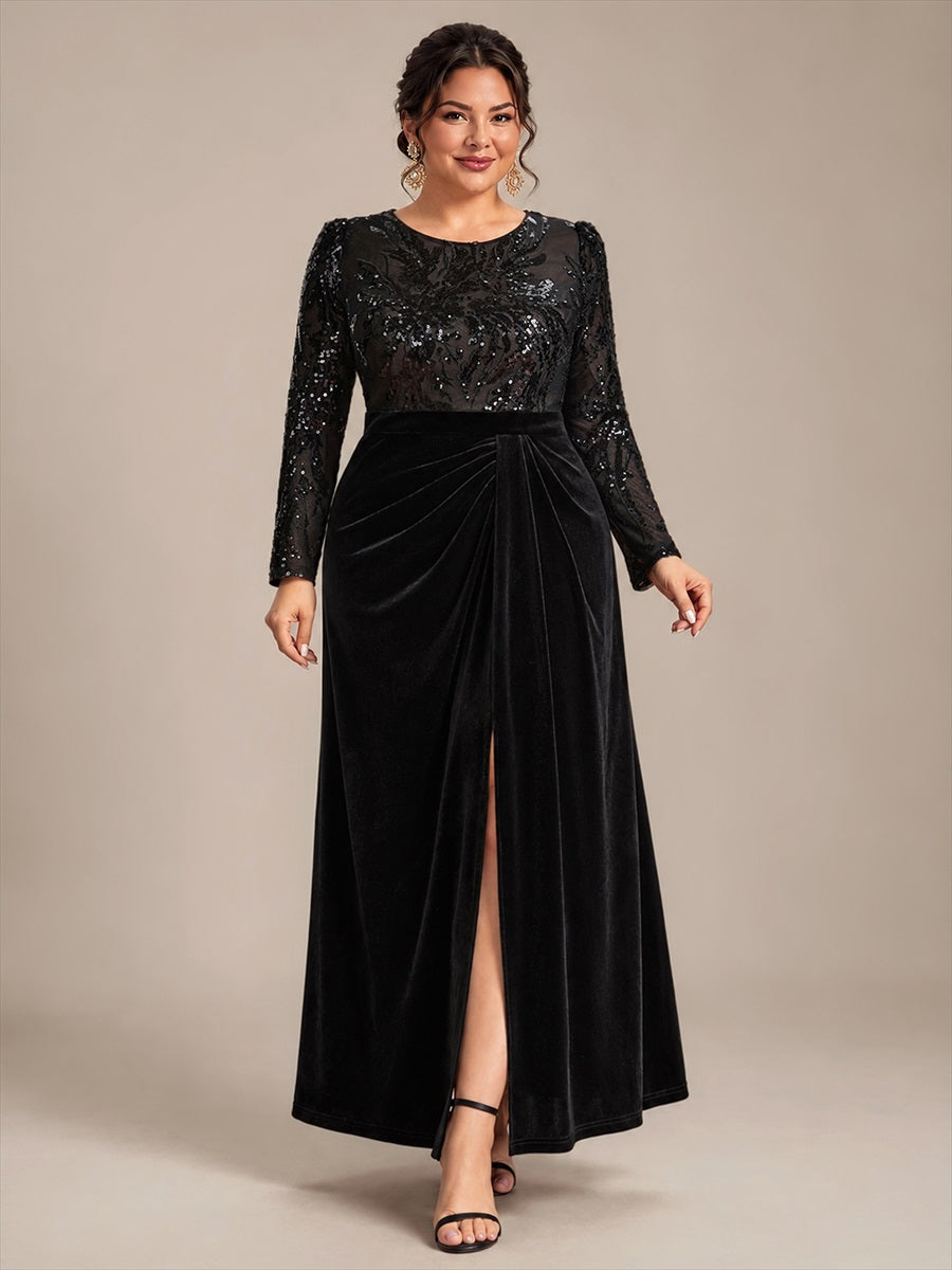 Plus Size Slit Velvet Evening Dress #color_Black