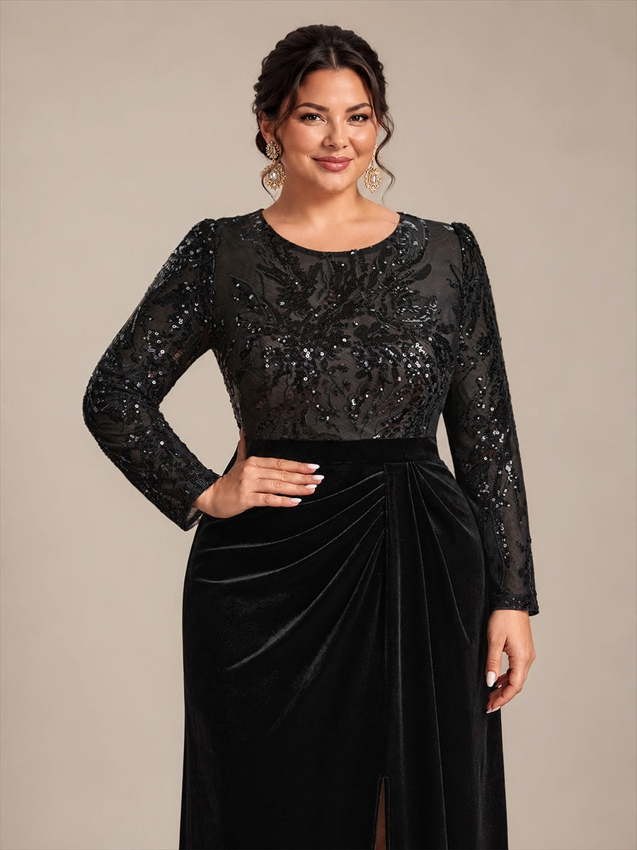 Plus Size Slit Velvet Evening Dress #color_Black