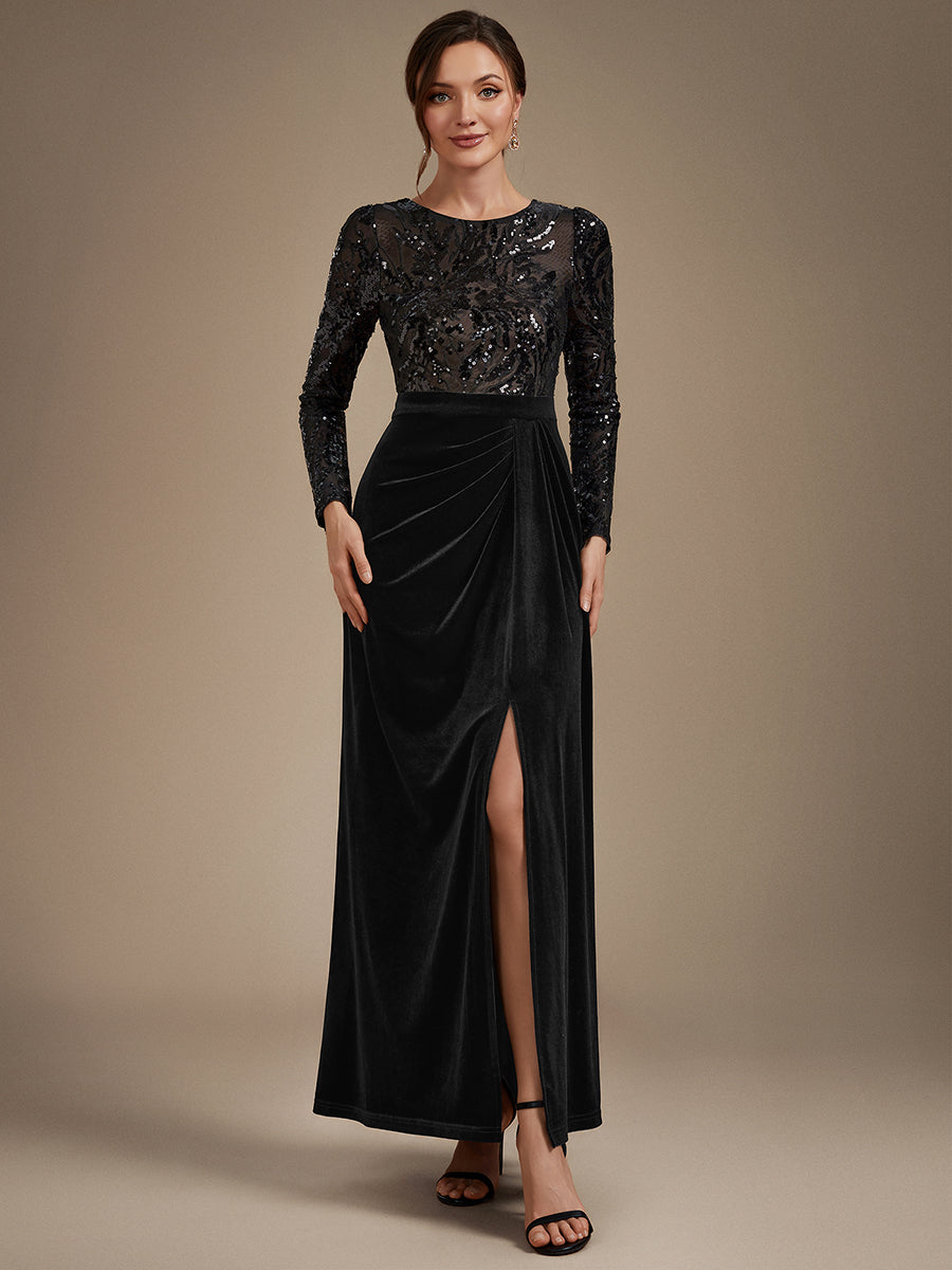 See-through Velvet Fitted Sleeve Evening Dress #color_Black