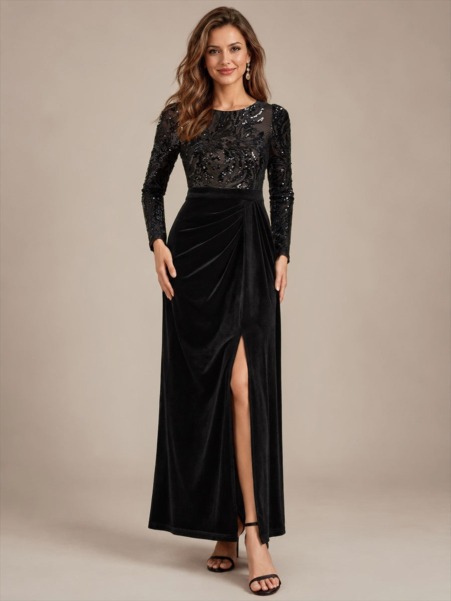 See-through Velvet Fitted Sleeve Evening Dress #color_Black