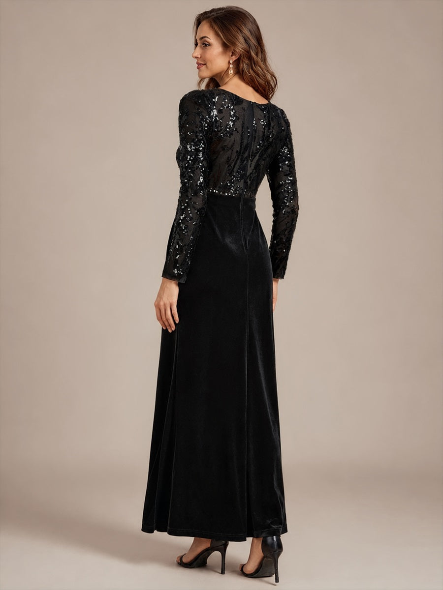 See-through Velvet Fitted Sleeve Evening Dress #color_Black