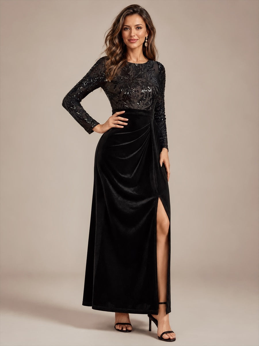 See-through Velvet Fitted Sleeve Evening Dress #color_Black