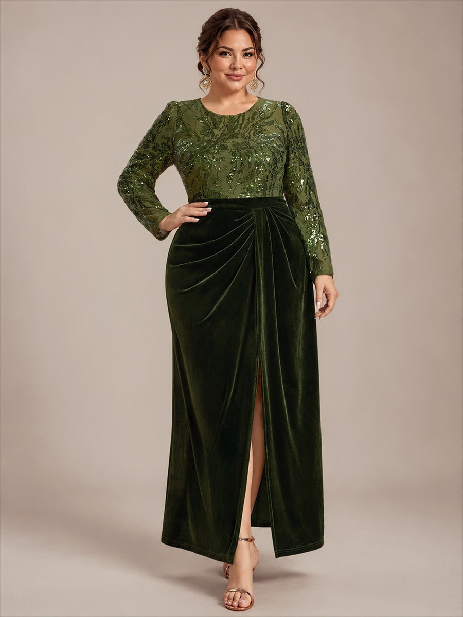 Plus Size Slit Velvet Evening Dress #color_Olive Green