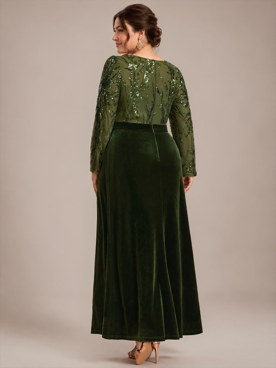 Plus Size Slit Velvet Evening Dress #color_Olive Green