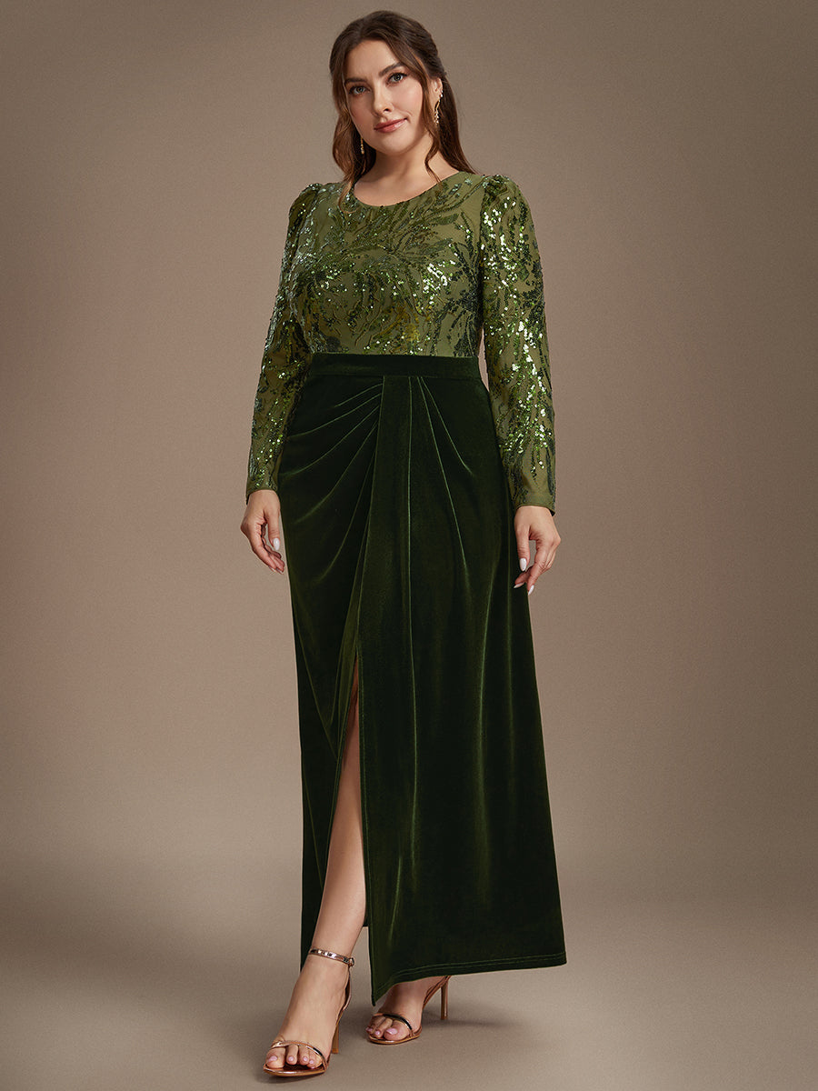 See-through Velvet Fitted Sleeve Evening Dress #color_Olive Green