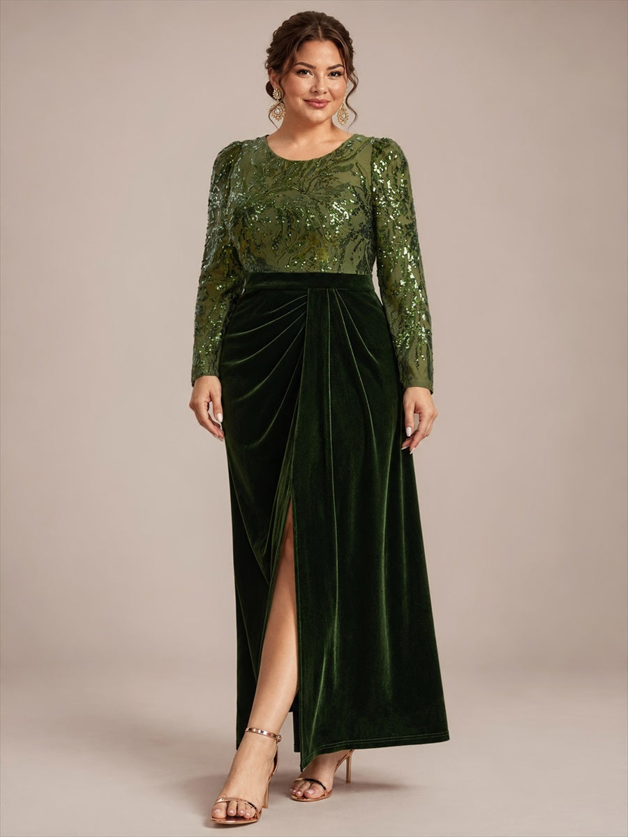 See-through Velvet Fitted Sleeve Evening Dress #color_Olive Green