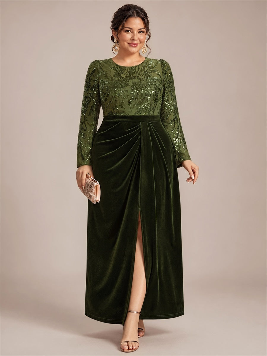 Plus Size Slit Velvet Evening Dress #color_Olive Green