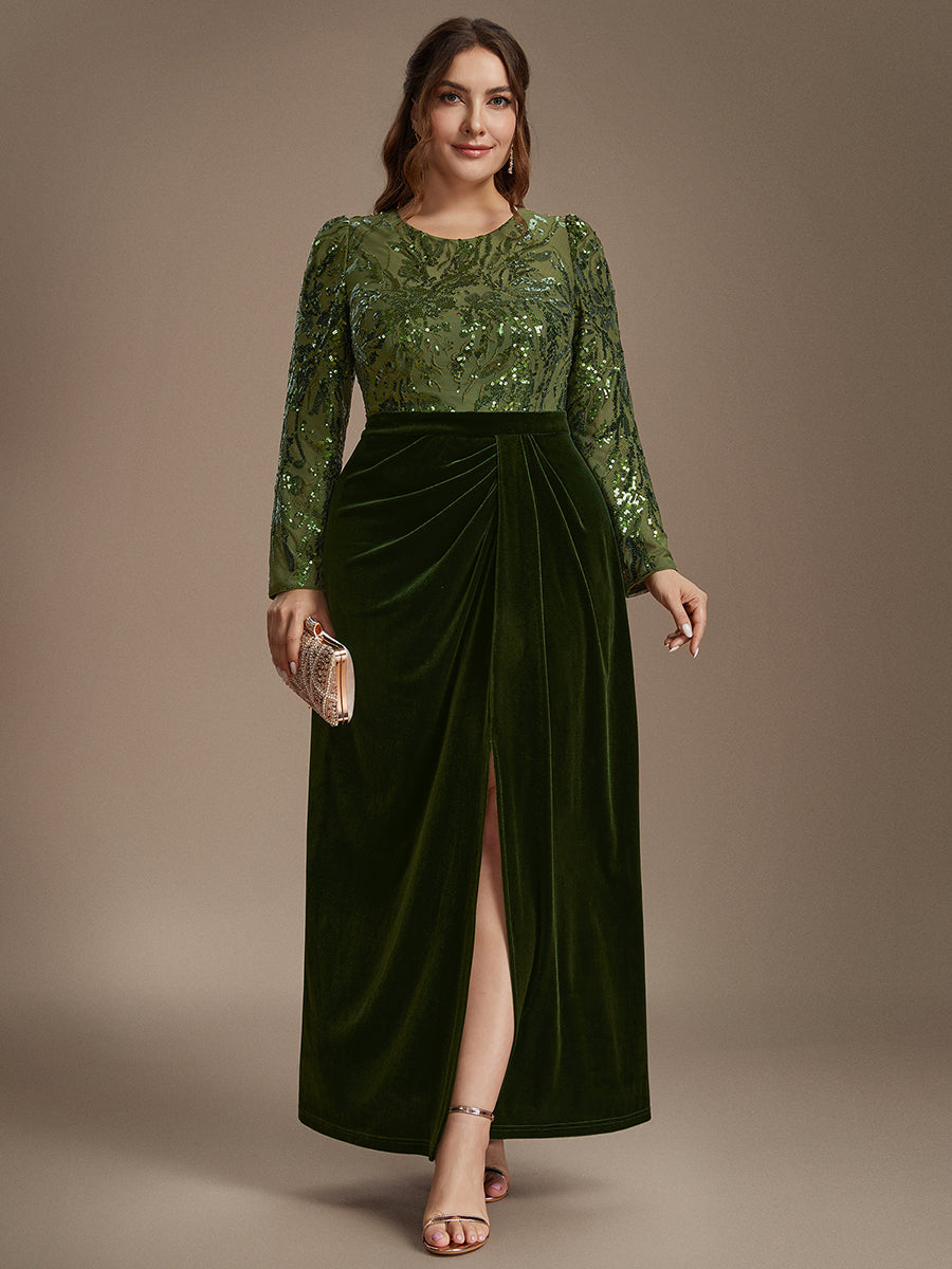 See-through Velvet Fitted Sleeve Evening Dress #color_Olive Green