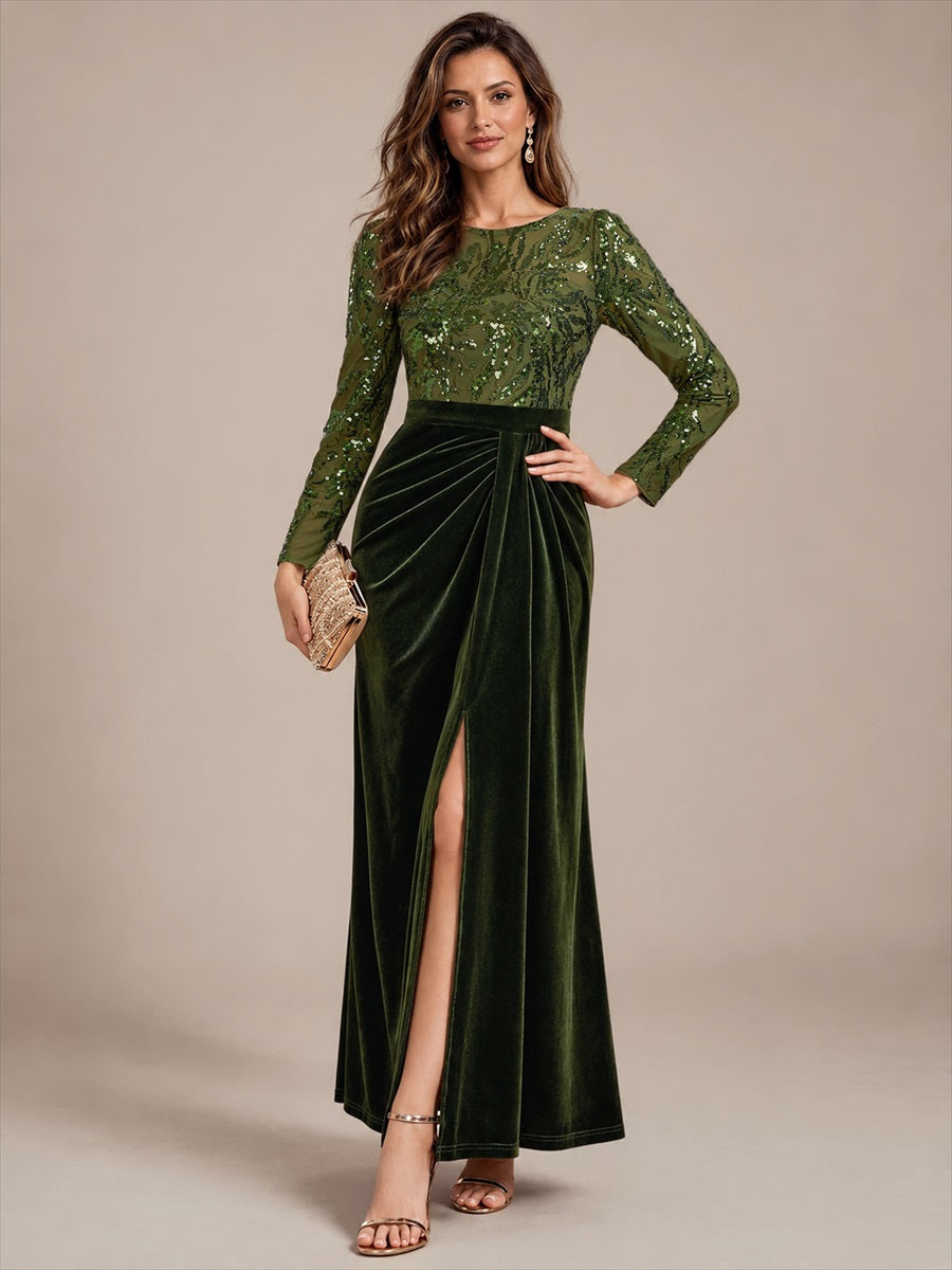 See-through Velvet Fitted Sleeve Evening Dress #color_Olive Green