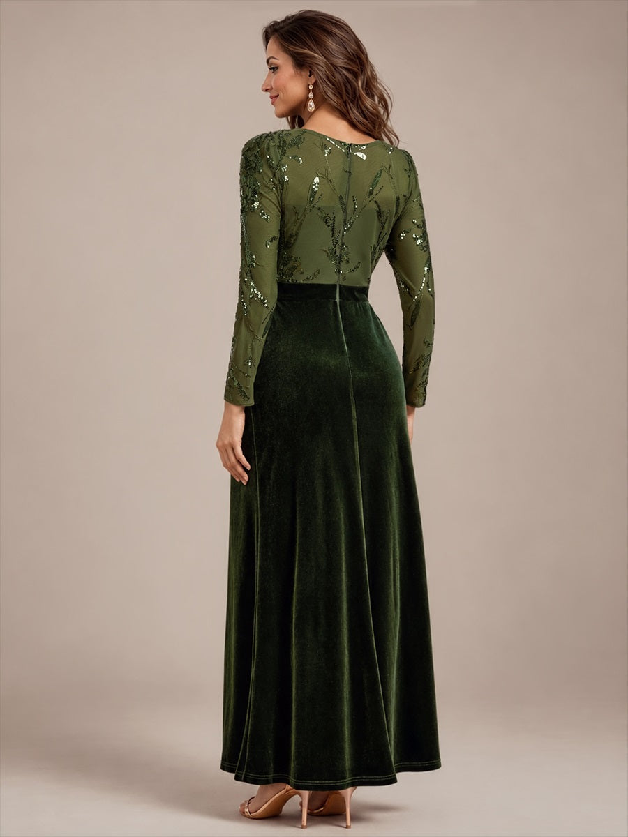 See-through Velvet Fitted Sleeve Evening Dress #color_Olive Green