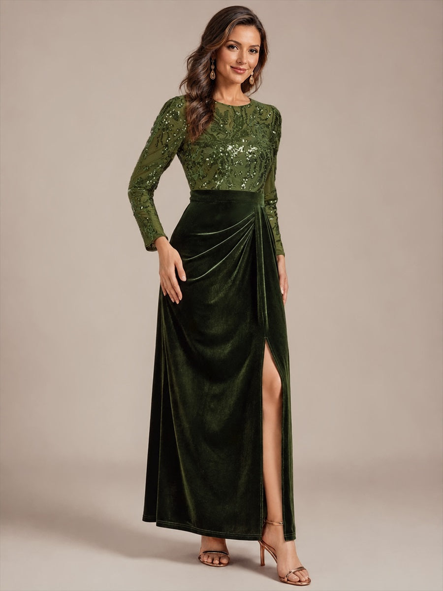 See-through Velvet Fitted Sleeve Evening Dress #color_Olive Green