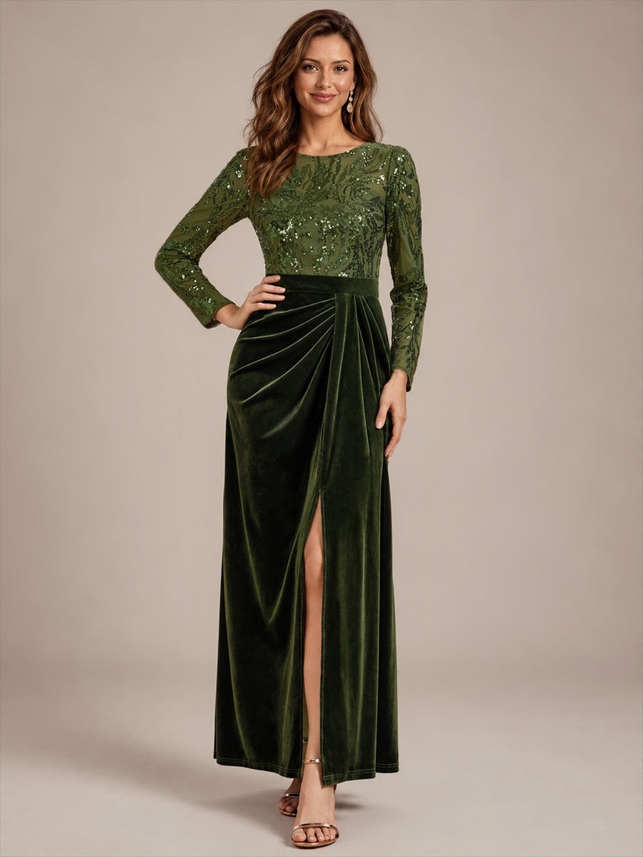 See-through Velvet Fitted Sleeve Evening Dress #color_Olive Green