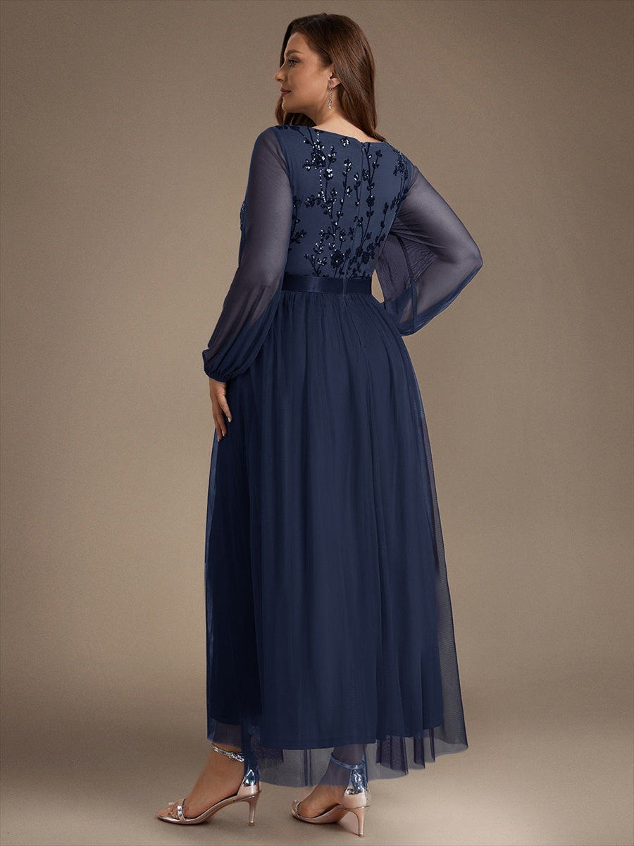 Sequin Puff Long Sleeve Evening Dress #color_Navy Blue