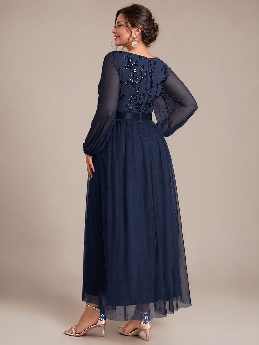 Plus Size Sequin Puff Long Sleeve Evening Dress #color_Navy Blue