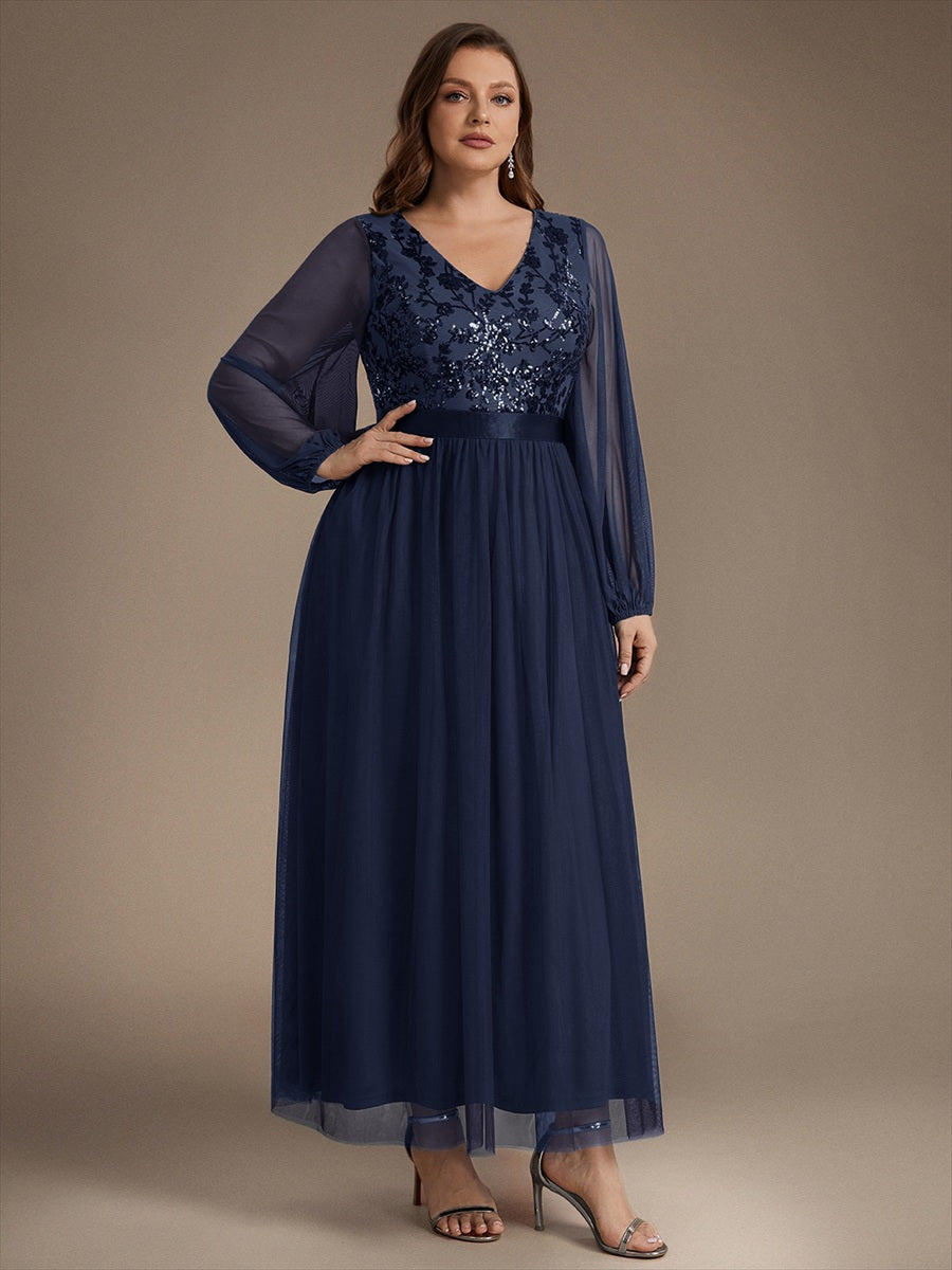 Sequin Puff Long Sleeve Evening Dress #color_Navy Blue