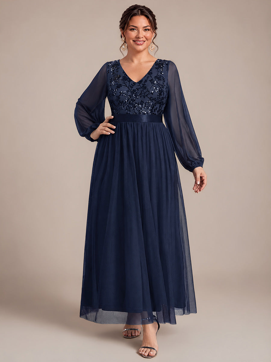 Plus Size Sequin Puff Long Sleeve Evening Dress #color_Navy Blue