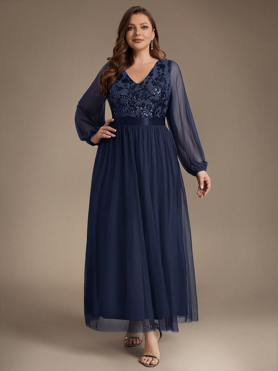 Sequin Puff Long Sleeve Evening Dress #color_Navy Blue