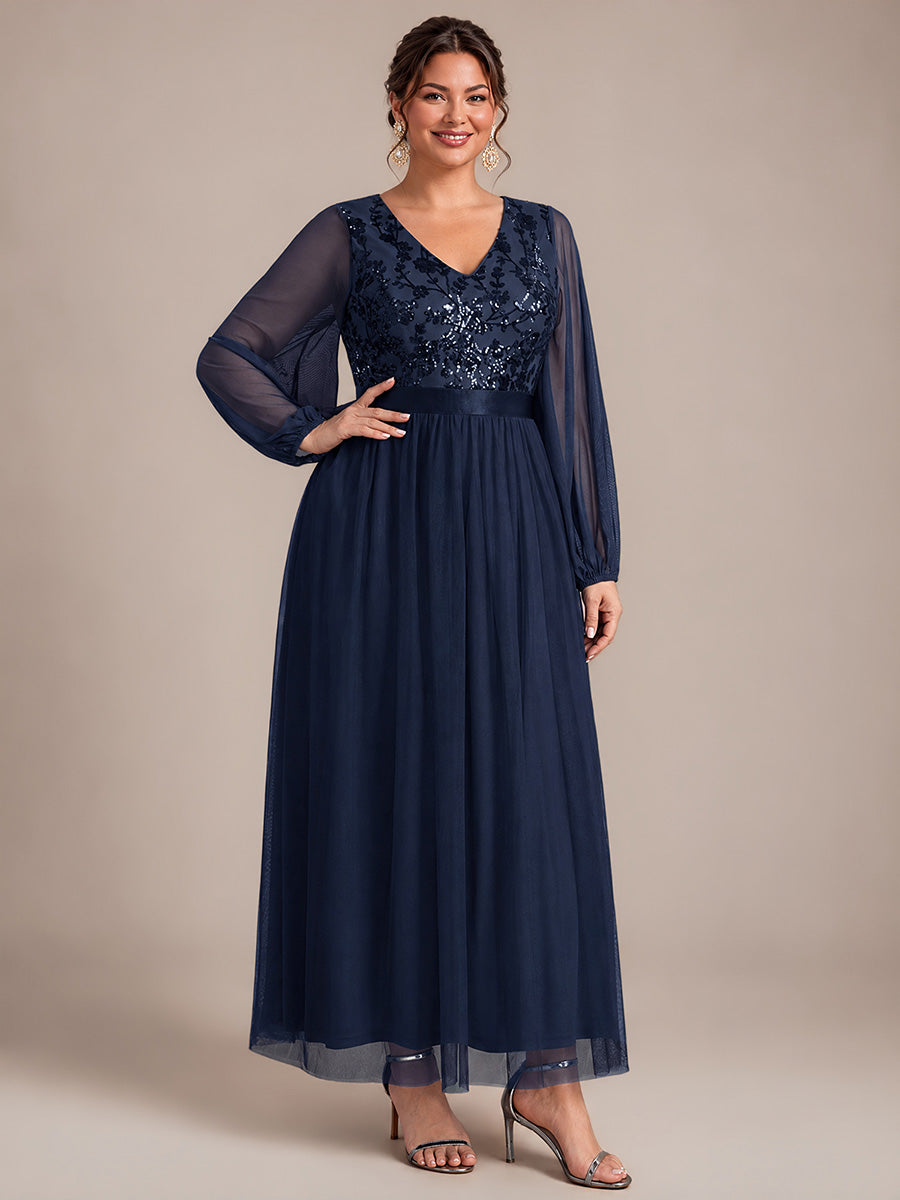 Plus Size Sequin Puff Long Sleeve Evening Dress #color_Navy Blue