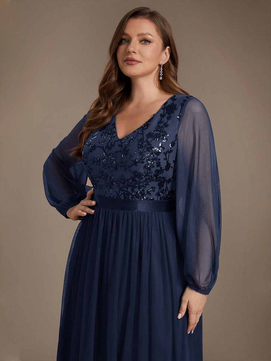 Sequin Puff Long Sleeve Evening Dress #color_Navy Blue