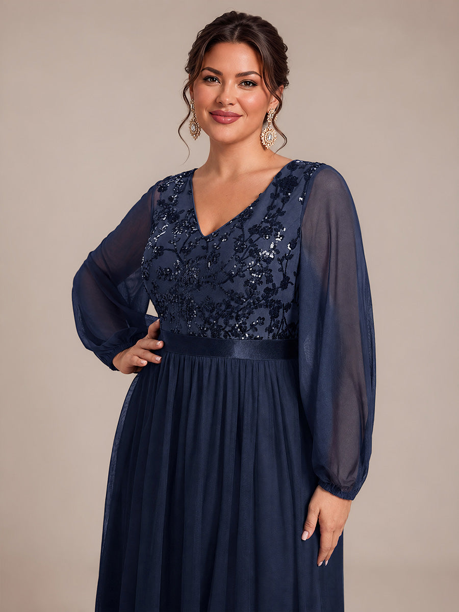 Plus Size Sequin Puff Long Sleeve Evening Dress #color_Navy Blue
