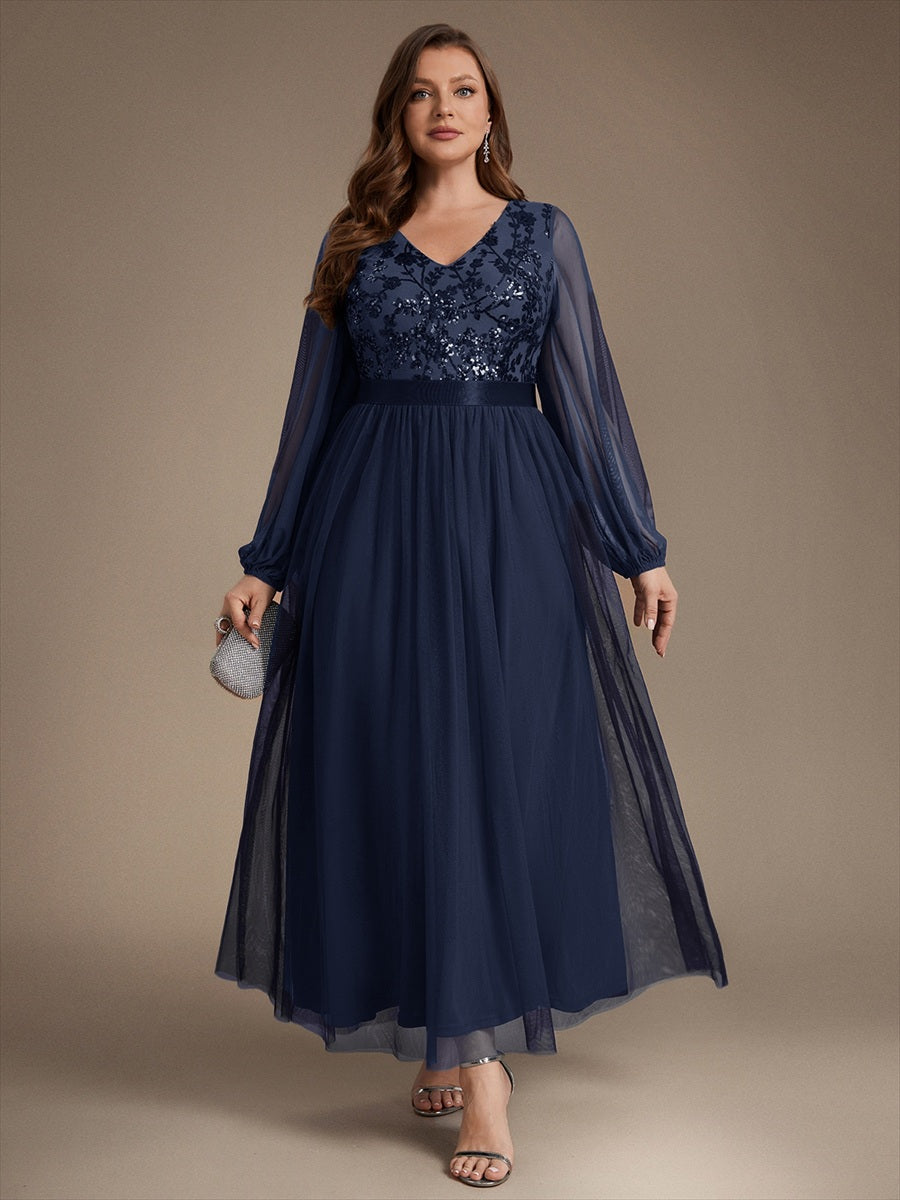 Plus Size Sequin Puff Long Sleeve Evening Dress #color_Navy Blue