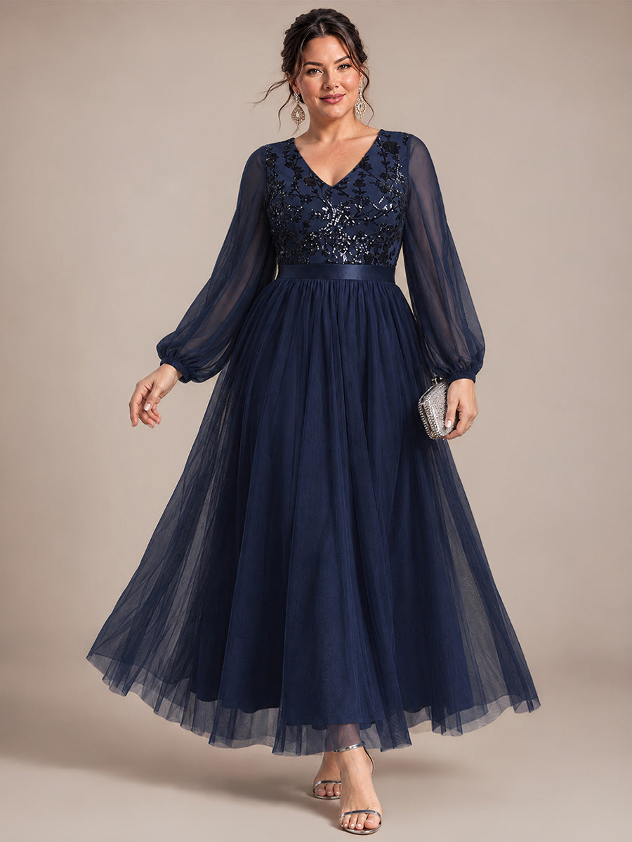 Plus Size Sequin Puff Long Sleeve Evening Dress #color_Navy Blue