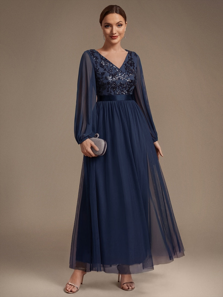 Sequin Puff Long Sleeve Evening Dress #color_Navy Blue