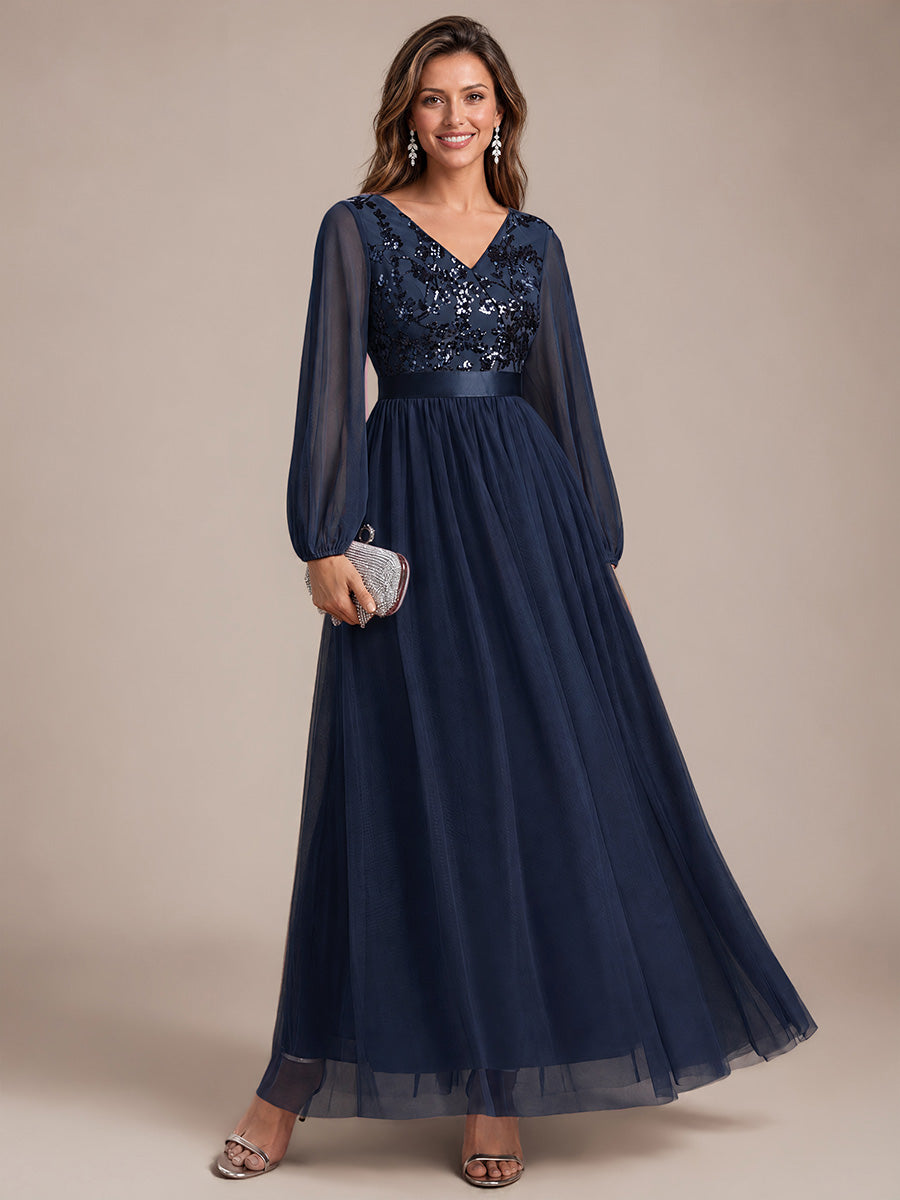Sequin Puff Long Sleeve Evening Dress #color_Navy Blue