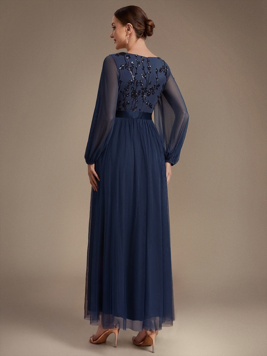 Sequin Puff Long Sleeve Evening Dress #color_Navy Blue