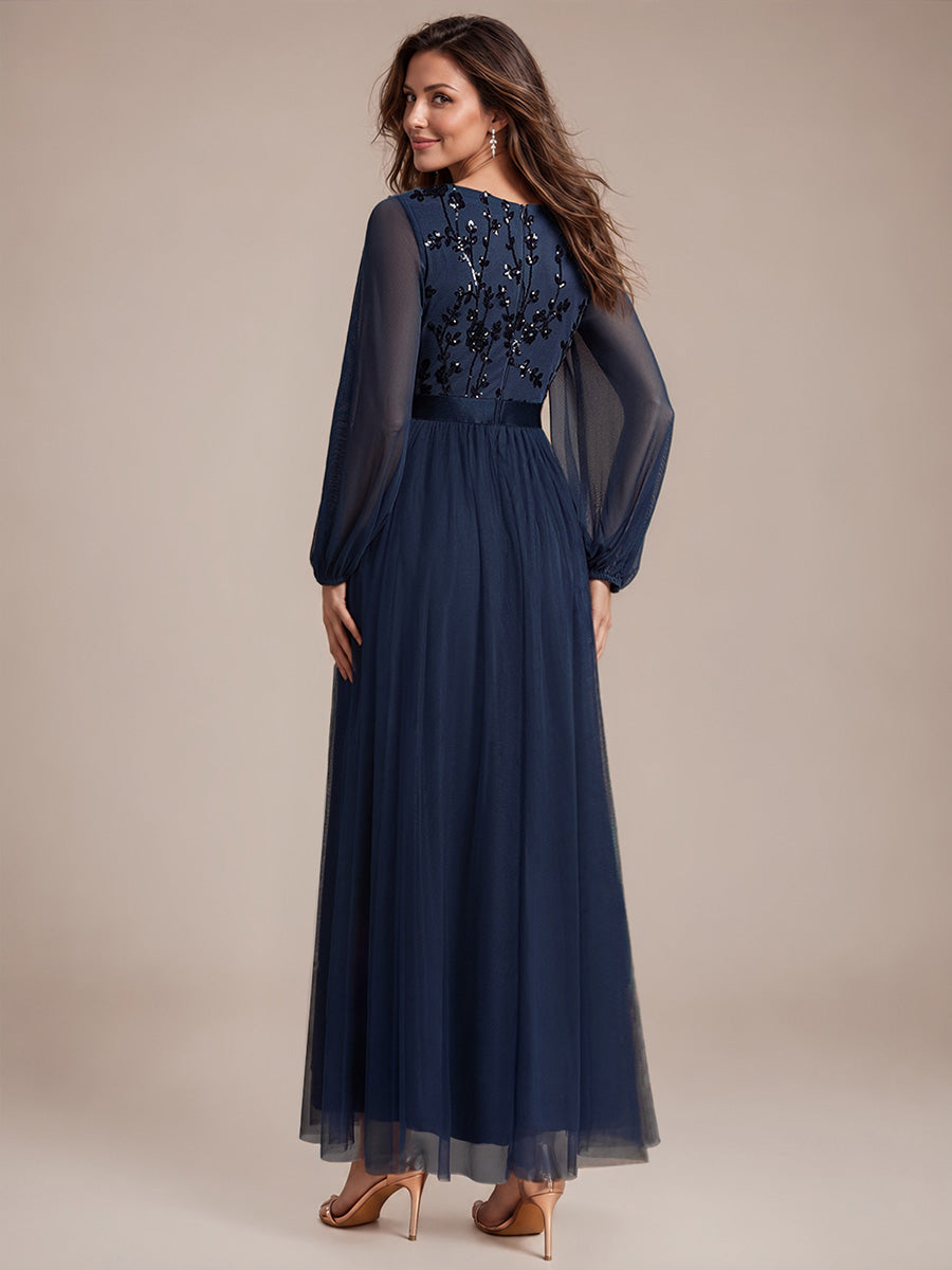 Sequin Puff Long Sleeve Evening Dress #color_Navy Blue