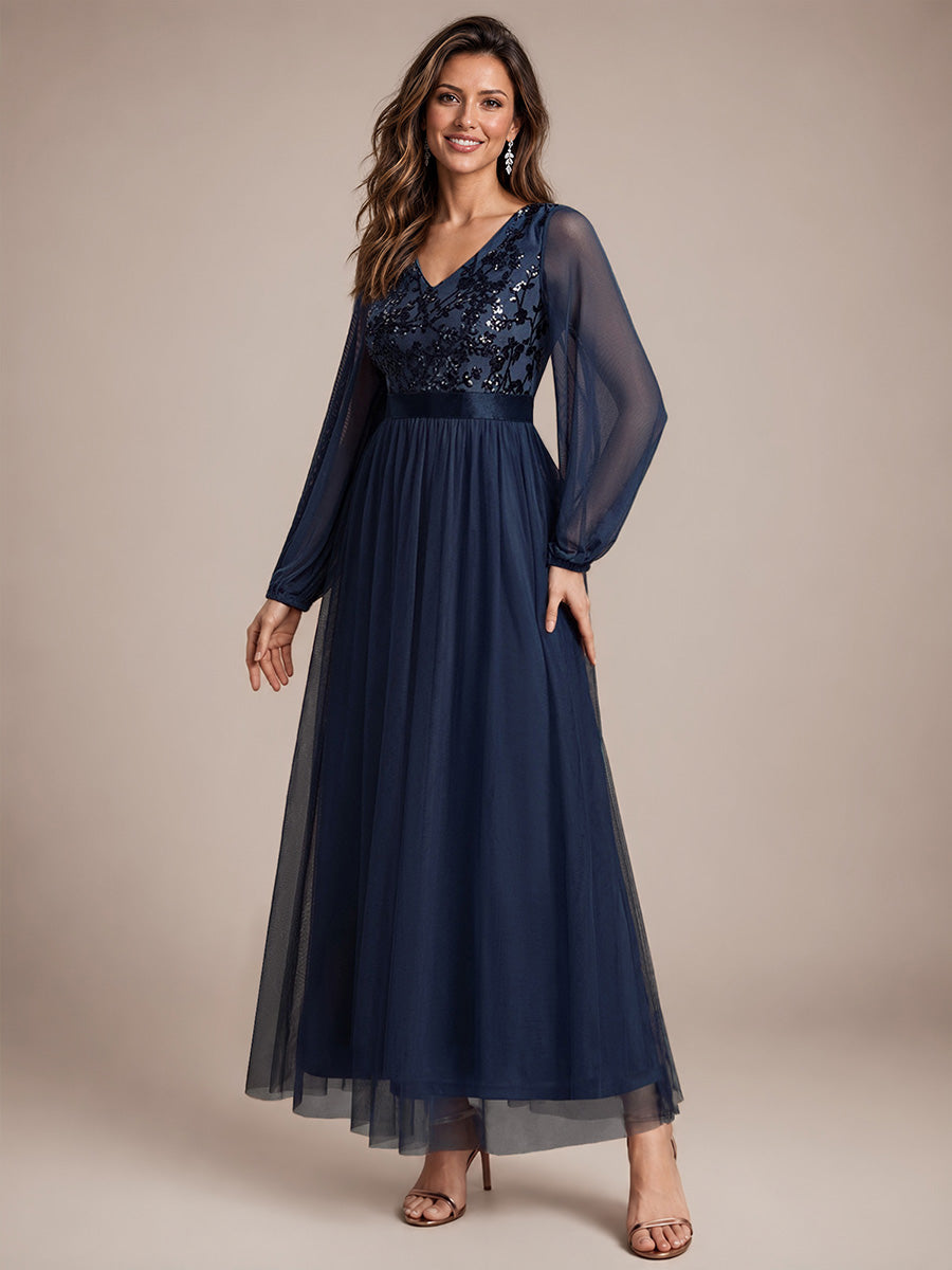 Sequin Puff Long Sleeve Evening Dress #color_Navy Blue