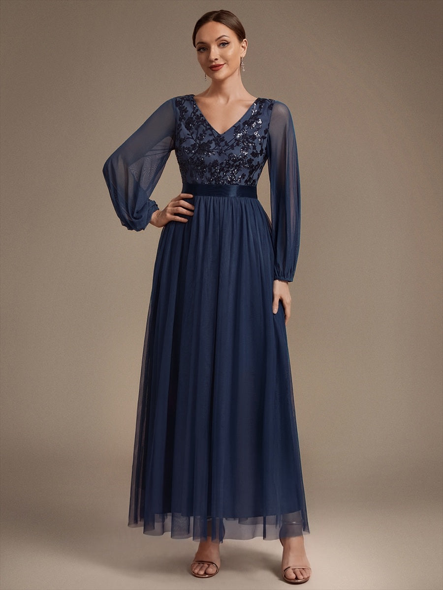 Sequin Puff Long Sleeve Evening Dress #color_Navy Blue