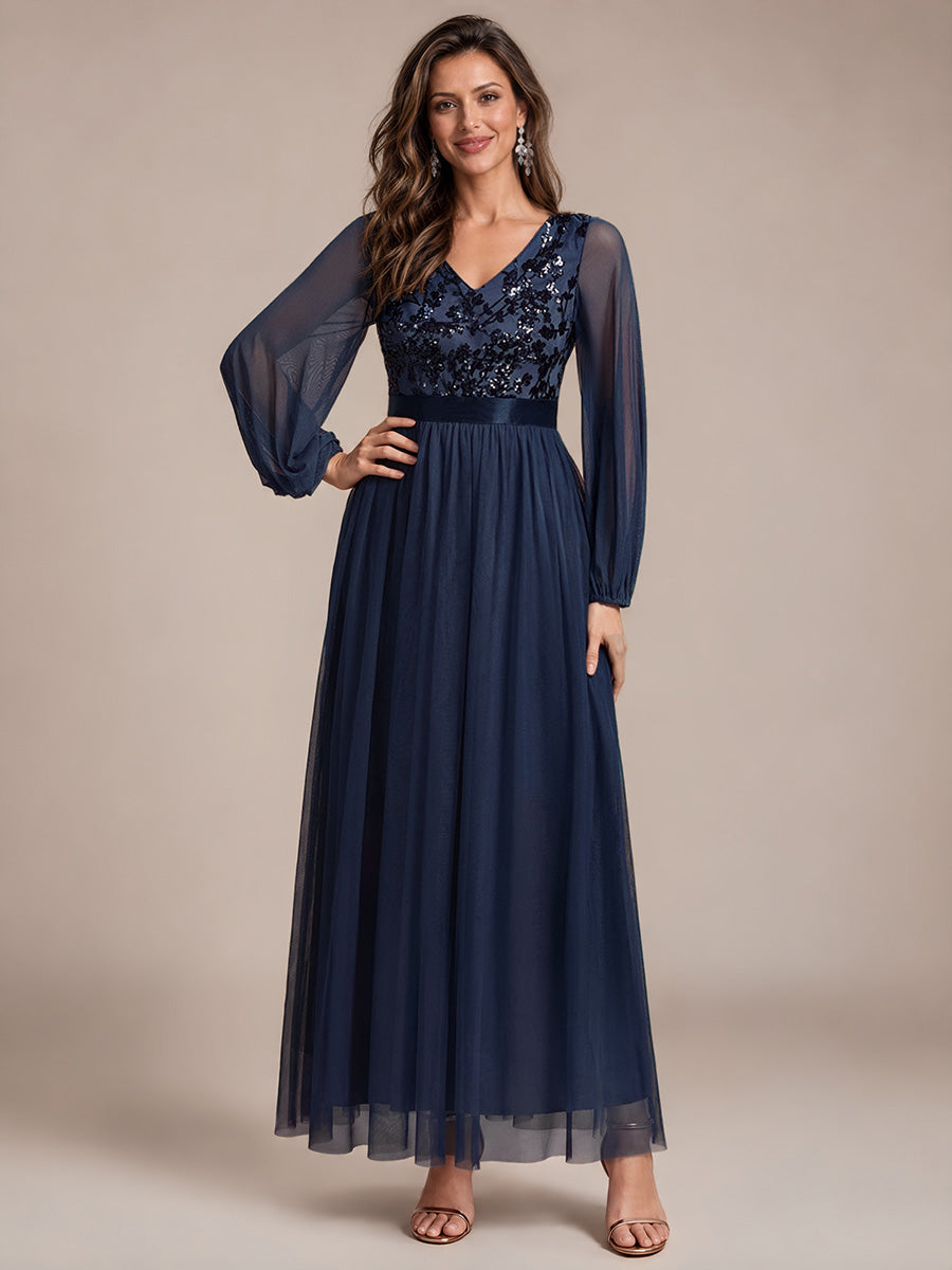 Sequin Puff Long Sleeve Evening Dress #color_Navy Blue